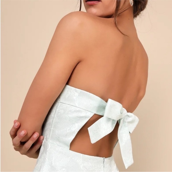 NWOT Lulus Beloved Belle Mint Green Jacquard Strapless Bow Midi Dress Small - Picture 6 of 9
